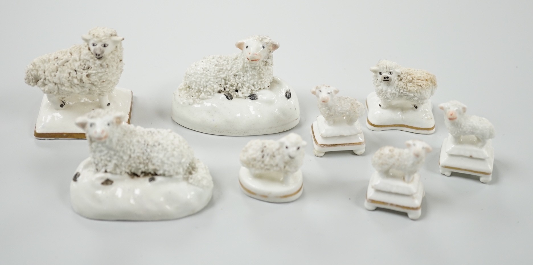 Three small Staffordshire models of sheep, together with five toy Staffordshire models of sheep, c.1830-50 (8). Tallest 5cm, Provenance: Dennis G.Rice collection